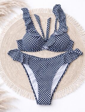 NWOT Retro Navy Polka Dot Ruffle Bikini Set - Size S